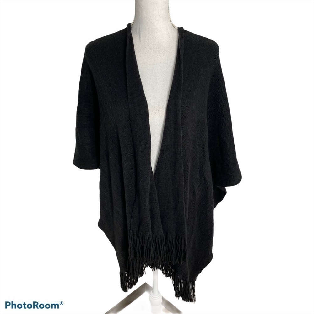 Black Fringe Knit Poncho Sweater One Size